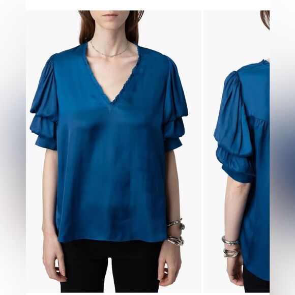 $278 Zadig & Voltaire Taste Bubble Sleeve Satin Top NWT FLAWED - Picture 6 of 12